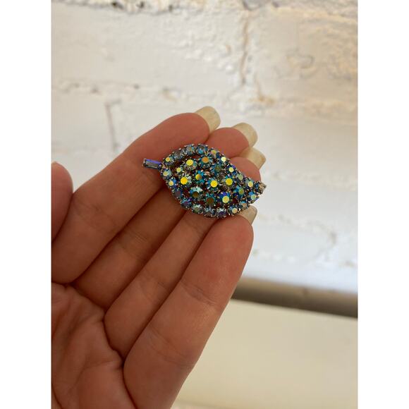 vintage 1950s Julianna aqua rhinestone brooch and earrings 50s jewelry set leaf - Picture 7 of 9